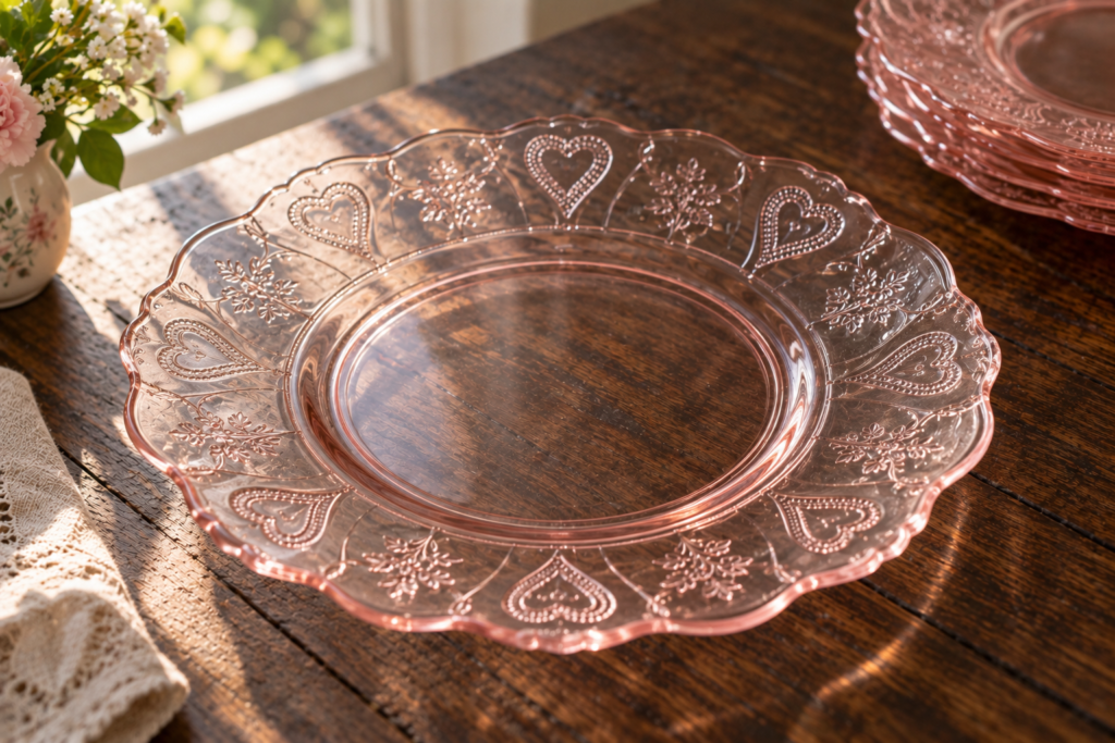 Pink American Sweetheart Depression glass plate with heart and floral scalloped rim