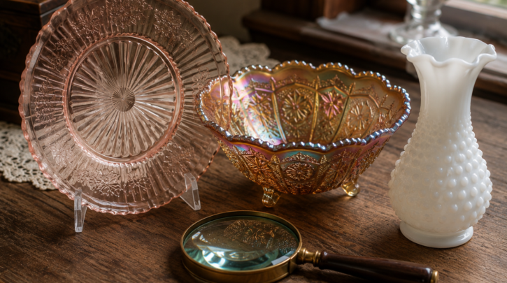 Illustration of examining a collection of vintage glass pieces for identification