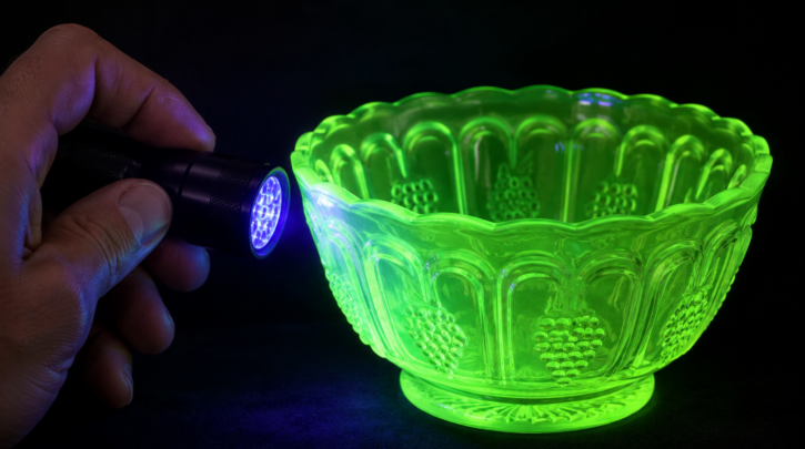 Illustration of testing a piece with a UV blacklight to confirm genuine uranium glass at home