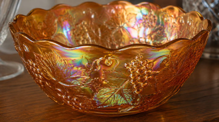 Illustration of a marigold carnival glass bowl showing its iridescent finish