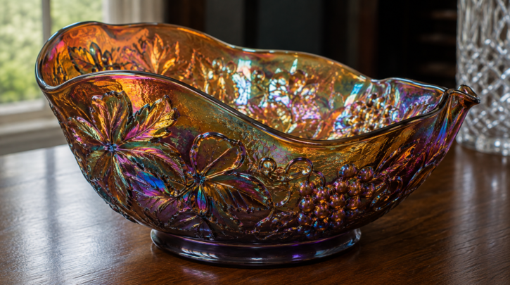 Illustration of a one-of-a-kind carnival glass 'whimsey' piece with a reworked rim