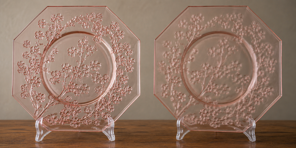 Illustration comparing an original Cherry Blossom pattern piece against a reproduction with blurred detail