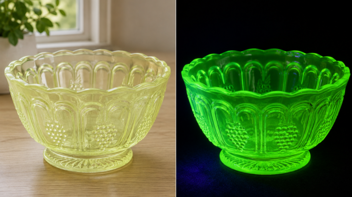 Illustration of the paired daylight and UV blacklight photos sellers should use to prove genuine uranium glass