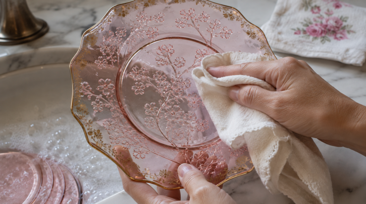 Illustration of gently hand-washing Depression glass with delicate gold trim