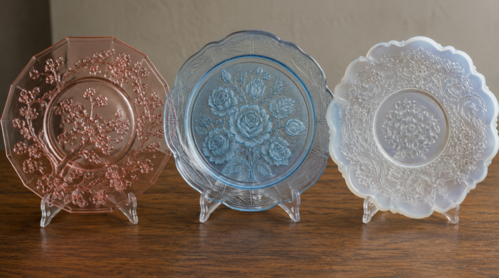 Illustration comparing three classic Depression glass patterns: Cherry Blossom, Mayfair, and American Sweetheart