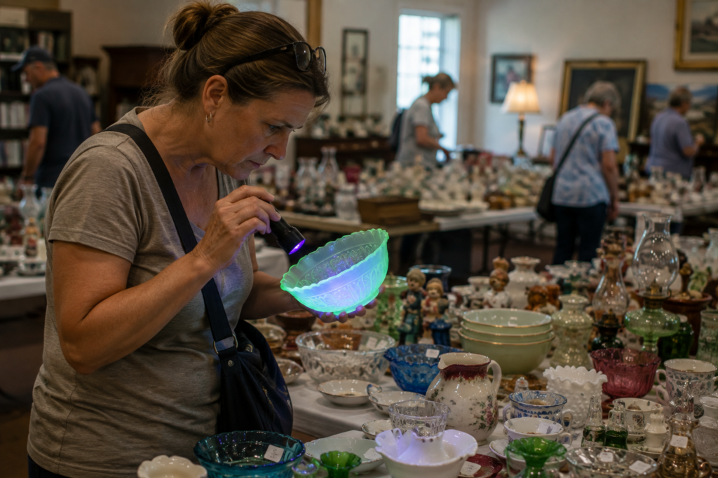 Illustration of testing vintage glass with a UV blacklight at an estate sale