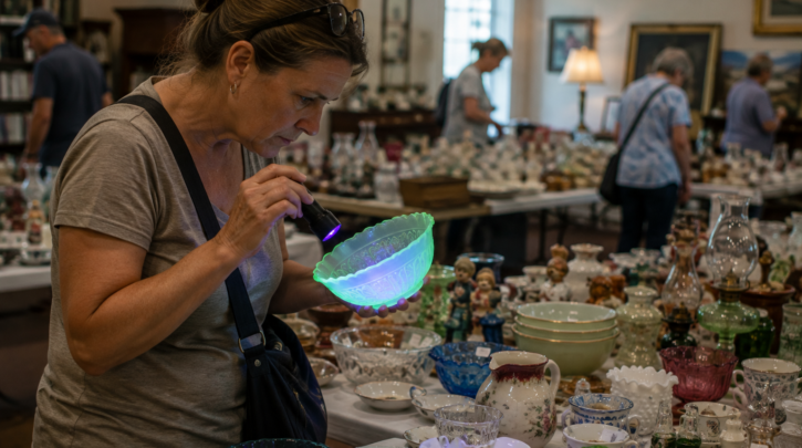 Illustration of testing vintage glass with a UV blacklight at an estate sale