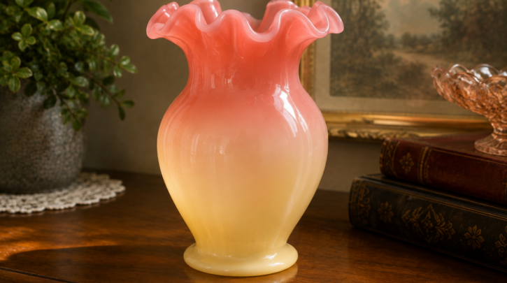 Illustration of a Fenton Burmese glass vase with its signature color gradient