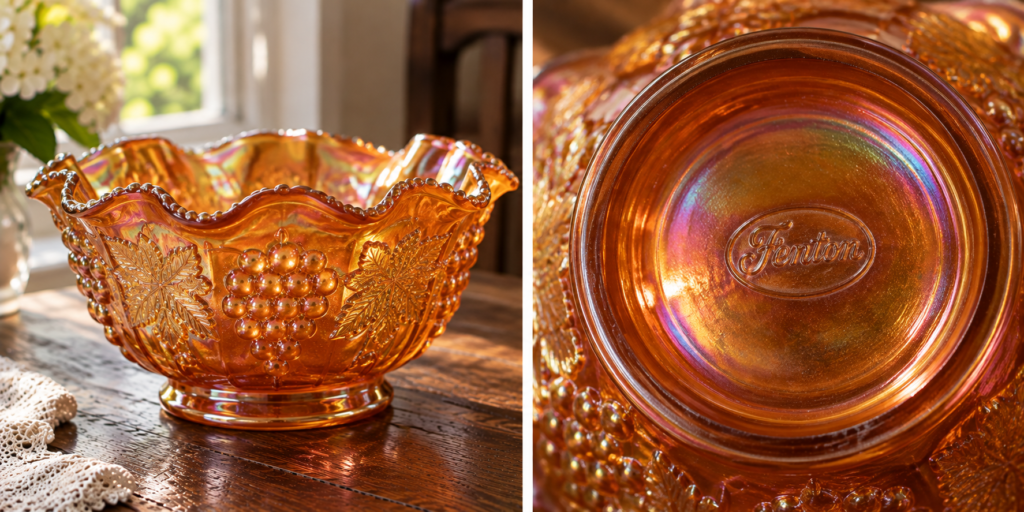 Fenton carnival glass bowl with visible oval Fenton mark on base, indicating 1970s or later production