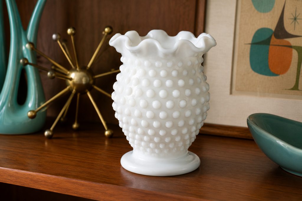 Illustration of a Fenton Hobnail pattern milk glass vase from the mid-century revival