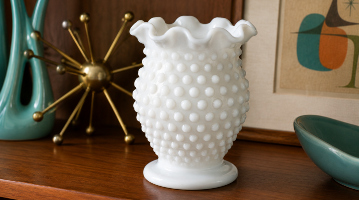 Illustration of a Fenton Hobnail pattern milk glass vase from the mid-century revival