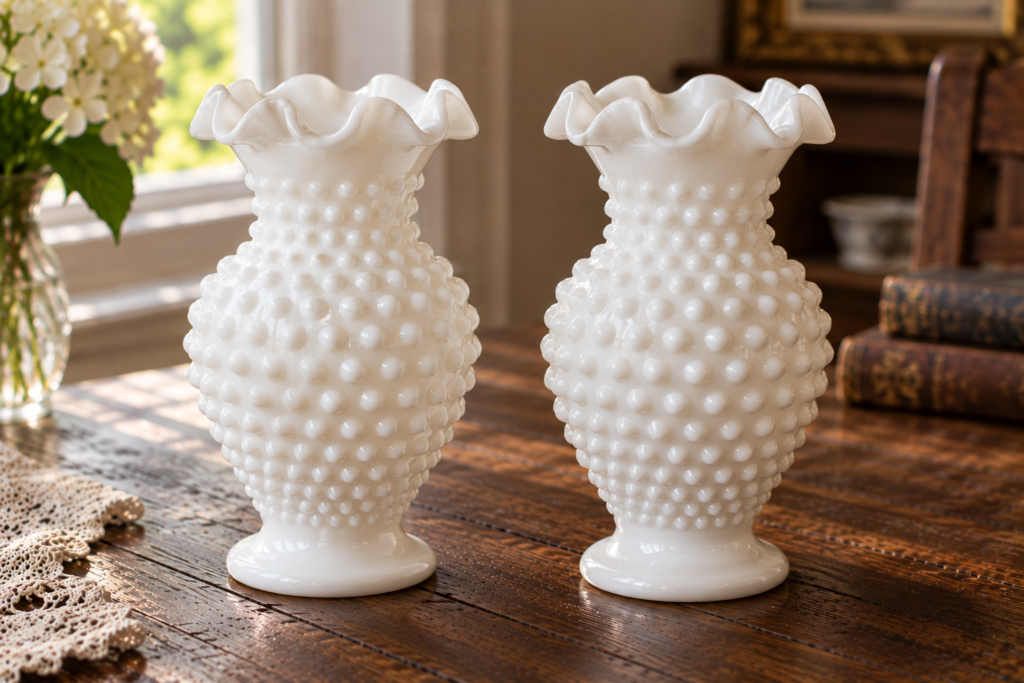 Two similar Fenton hobnail pieces compared, one with an oval maker's mark and one without