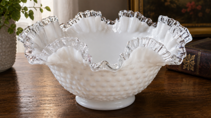 Illustration of a Fenton Silver Crest bowl with its signature crimped clear edge
