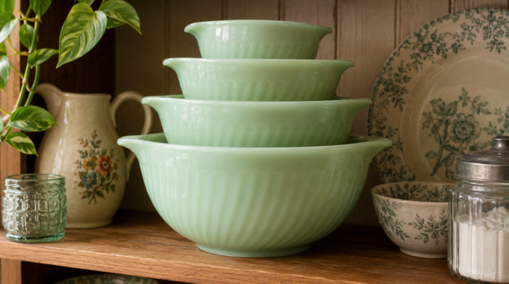 Illustration of a set of Fire-King Jadeite mixing bowls