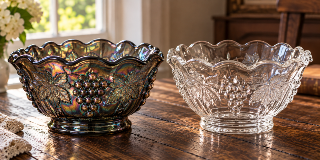 Smoke-colored Imperial Grape carnival glass bowl showing heavier glass construction