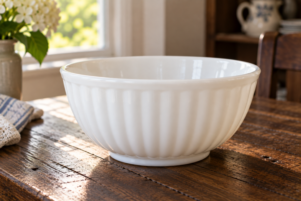 Indiana Glass Company ribbed milk glass bowl, common mass-market piece