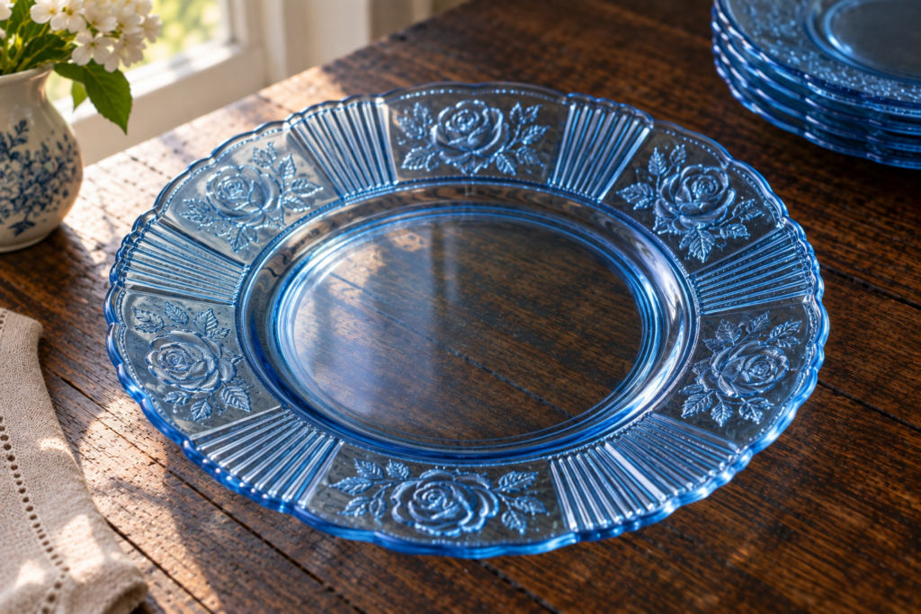 Blue Mayfair Depression glass plate with open rose pattern and ribbed panels