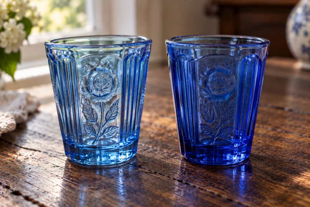 Genuine vs reproduction Mayfair Depression glass shot glasses compared side by side