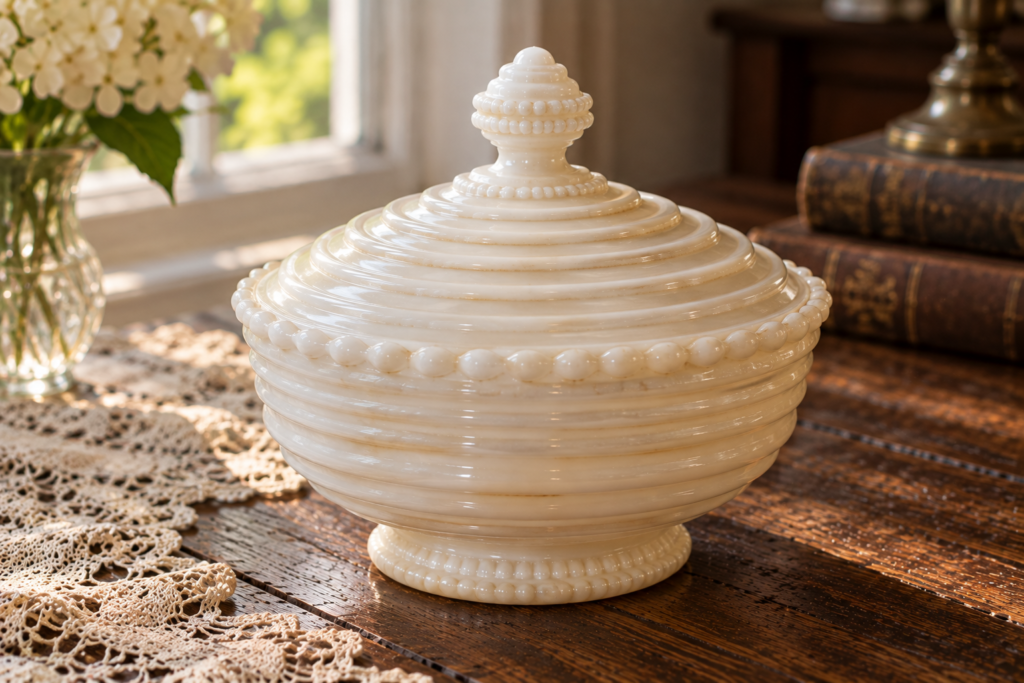 Victorian-era McKee milk glass covered dish with aged patina