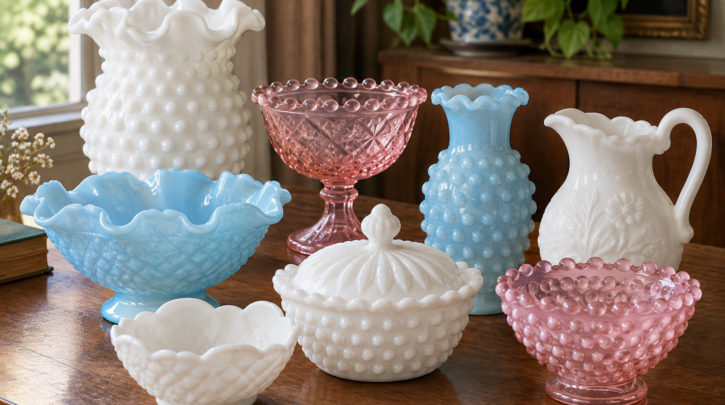 Illustration of rare colored milk glass pieces among more common white ones