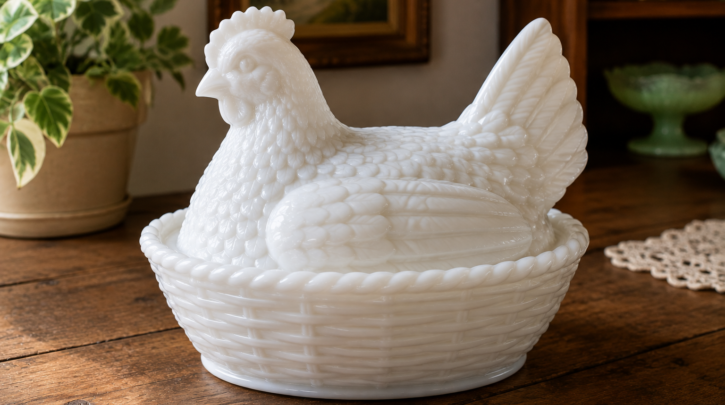 Illustration of a classic milk glass hen-on-nest covered dish