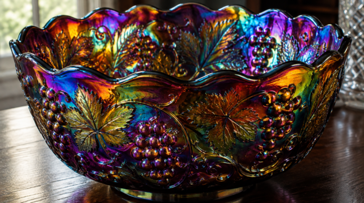 Illustration of a carnival glass piece with a rich, deep radium iridescent finish