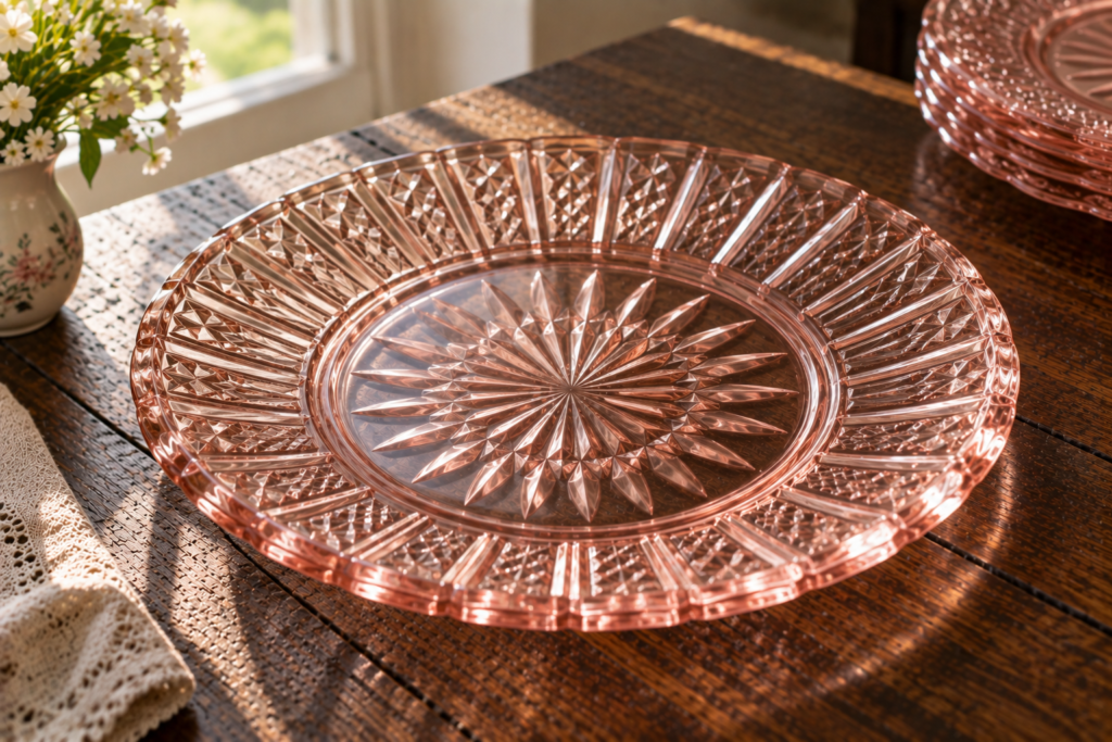 Pink Miss America Depression glass plate with sunburst star diamond pattern