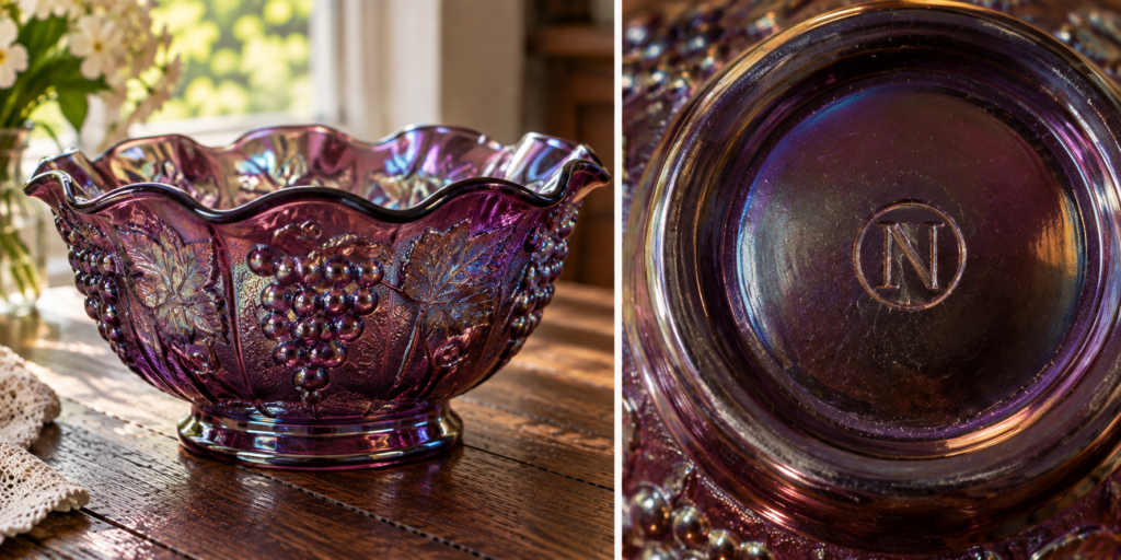 Northwood Grape and Cable carnival glass bowl with N-in-circle maker's mark on base