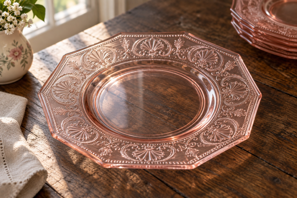 Pink octagonal Depression glass plate with Princess scroll and fan pattern