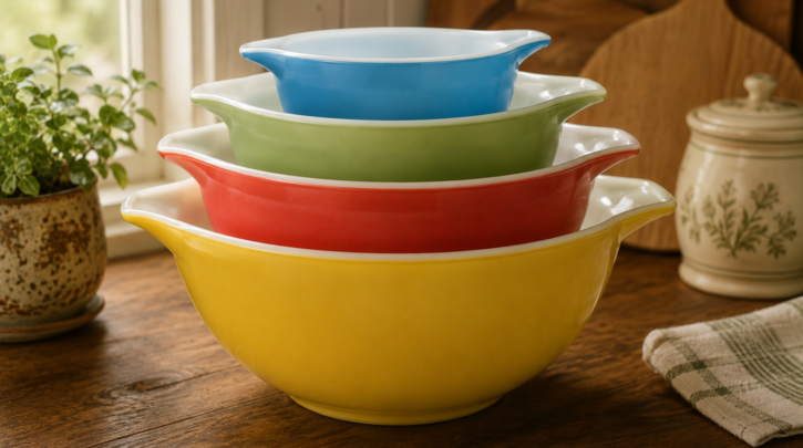 Illustration of the iconic vintage Pyrex Primary Colors nesting bowl set