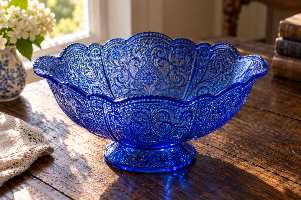 Cobalt blue Royal Lace Depression glass bowl with allover lace scrollwork pattern