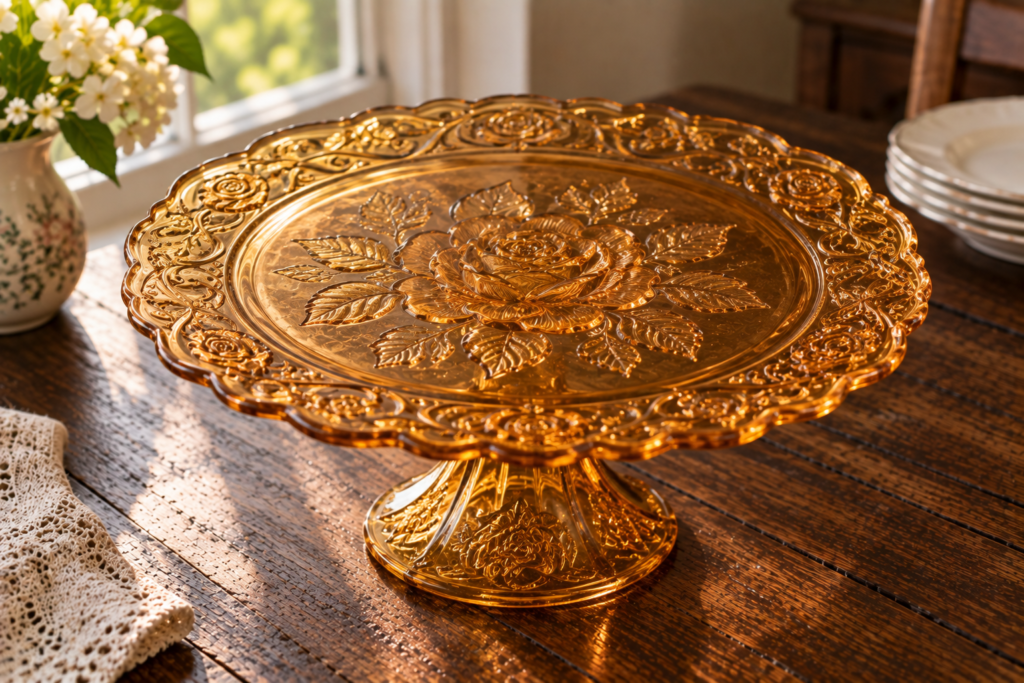 Amber Sharon Depression glass cake plate with full cabbage rose pattern