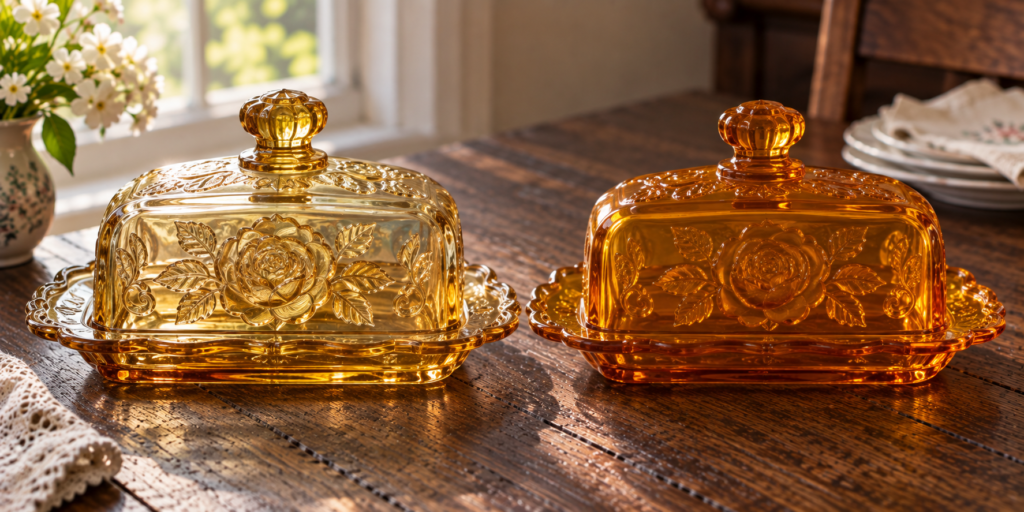 Genuine vs reproduction Sharon cabbage rose Depression glass butter dishes compared