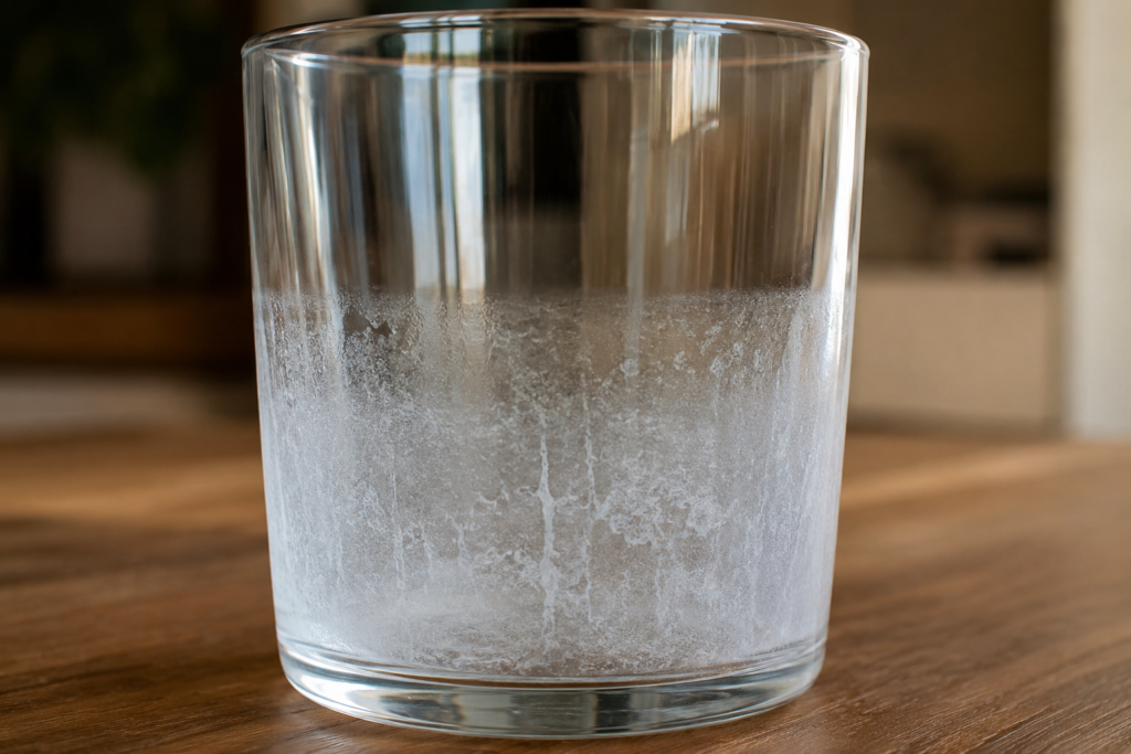 Illustration of permanent 'sick glass' etching caused by hard water mineral deposits