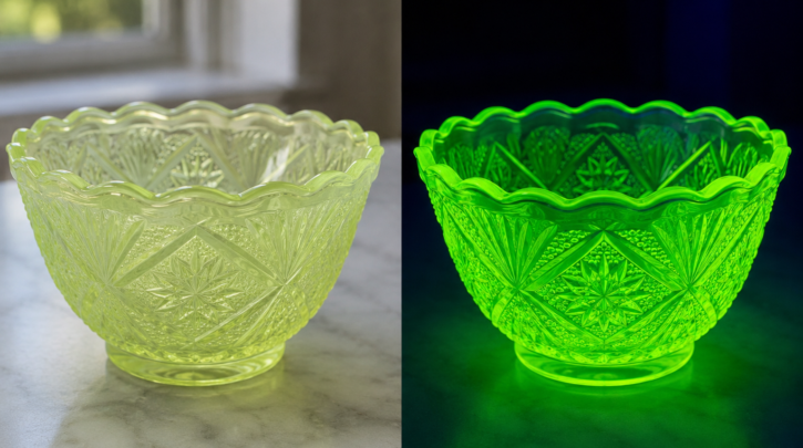 Illustration comparing vaseline glass under normal light and under UV blacklight
