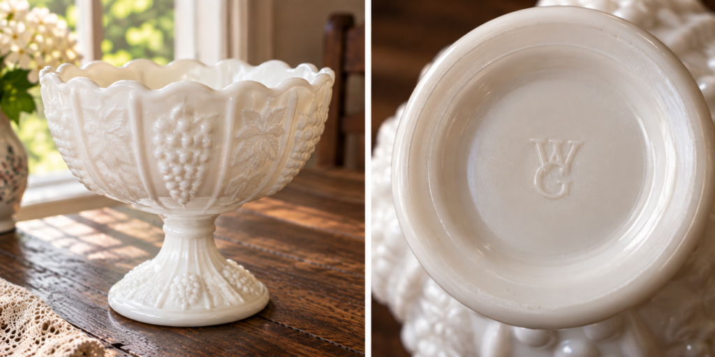 Westmoreland Paneled Grape milk glass compote with WG maker's mark on base