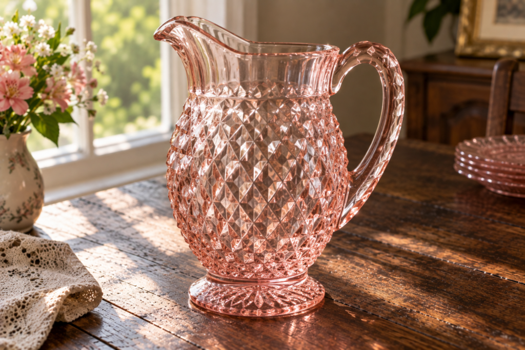 Pink Windsor Diamond Depression glass pitcher with faceted diamond-point pattern